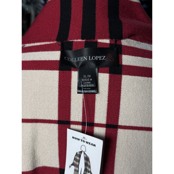 NEW Colleen Lopez Womens Plaid Fringed Wrap Shawl XL Red Black Cozy Chic Cape - Picture 8 of 10